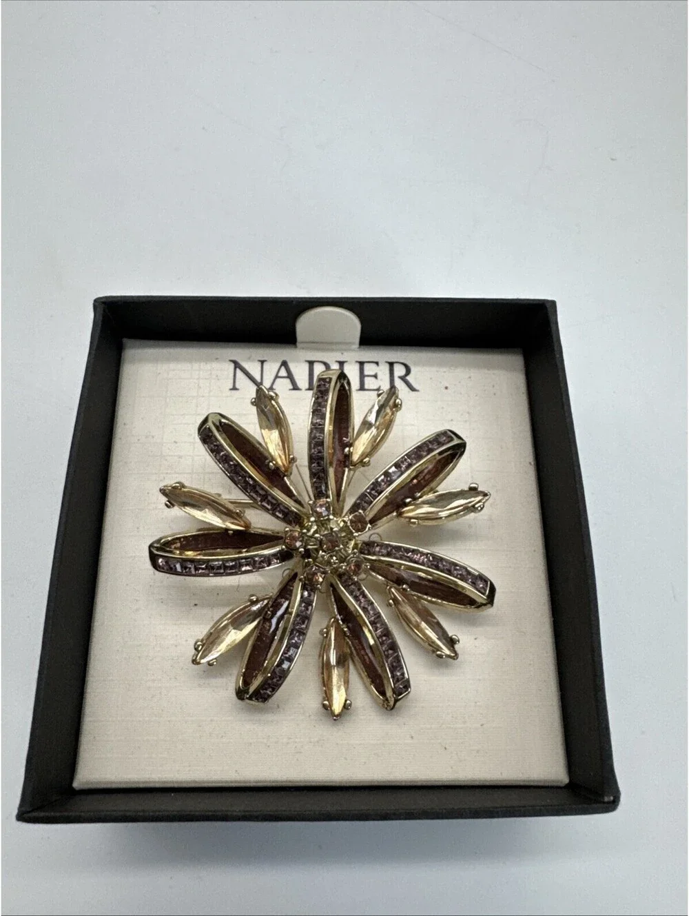 Napier Purple Amber Cluster Flower Treasure Brooch Pin Gold Tone Round New
